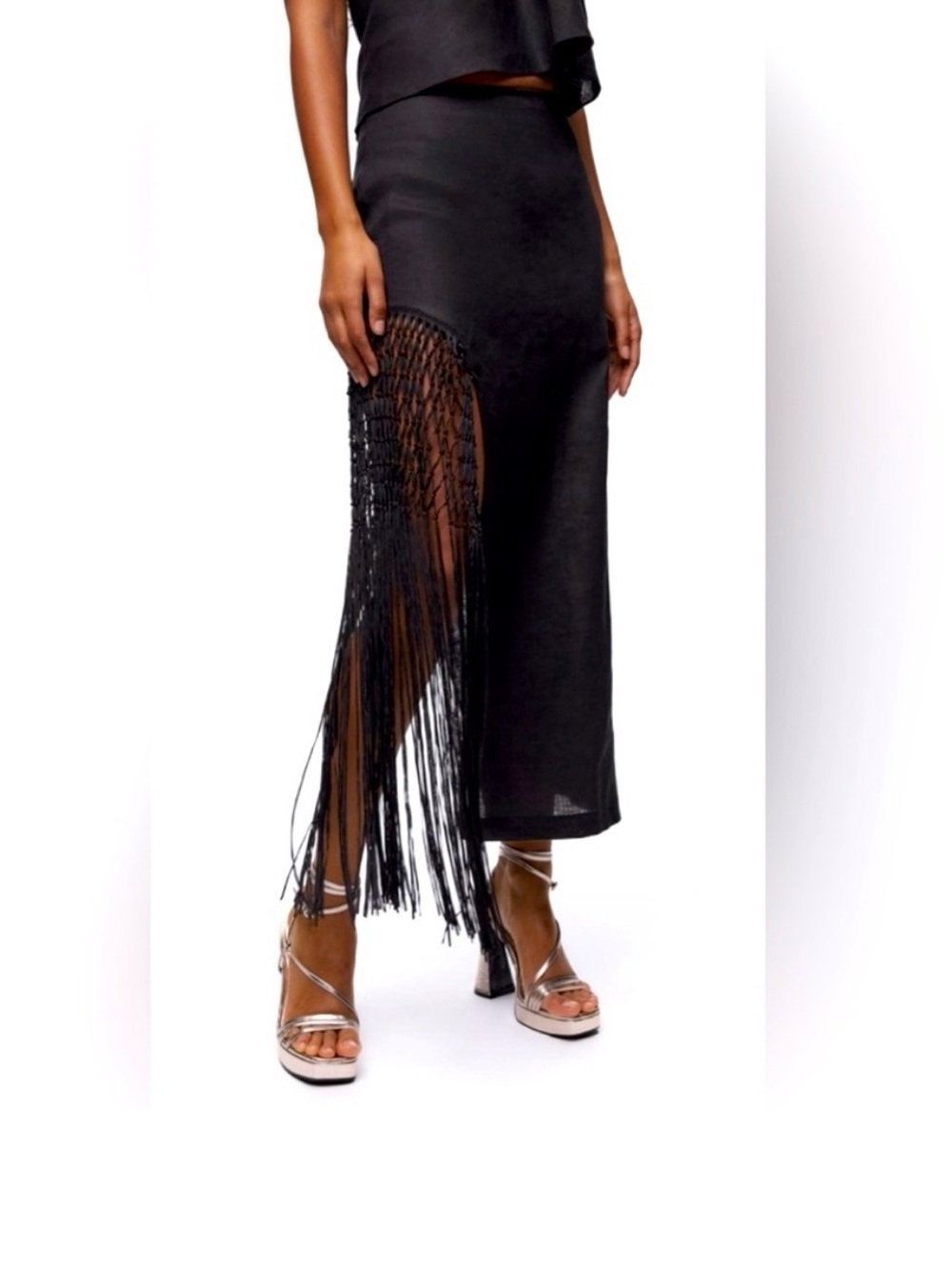 Zara Fringed Linen Midi High Waist Black Skirt Large
